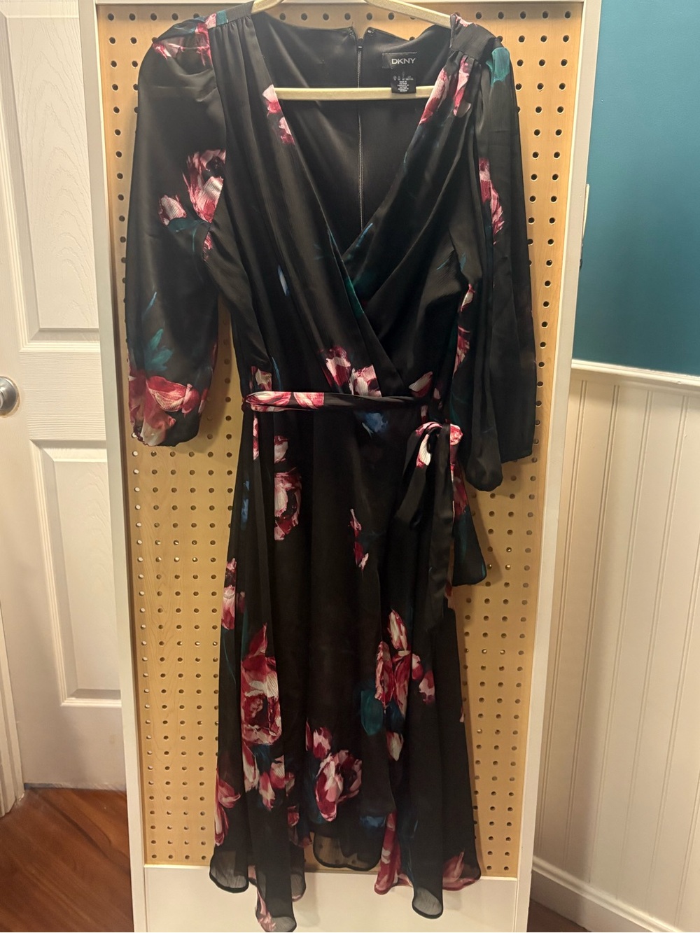 DKNY Black Floral Wrap Dress with Pink and Teal Accents